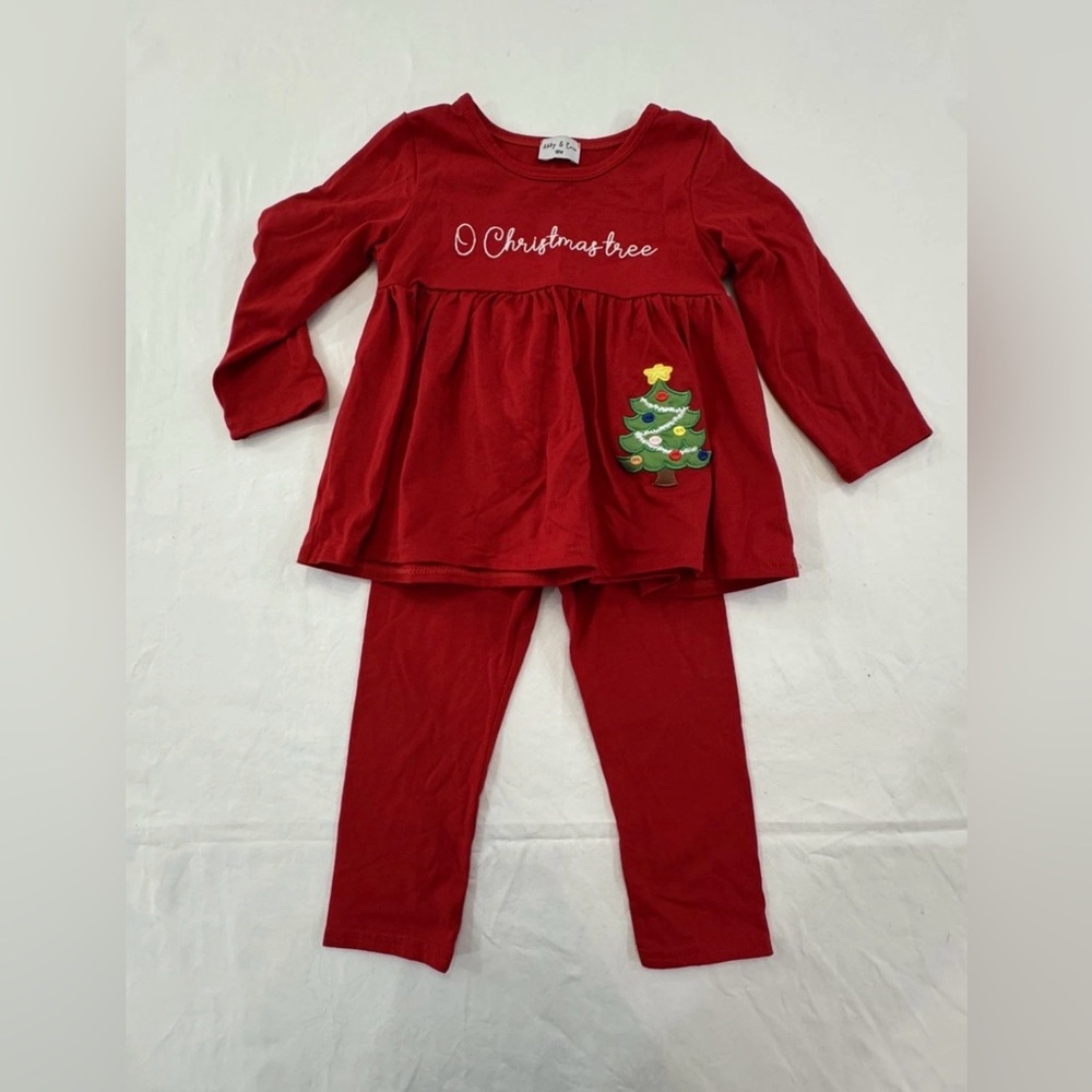 Abby and Evie Red christmas tree and pants set for 18 m girls toddler‎